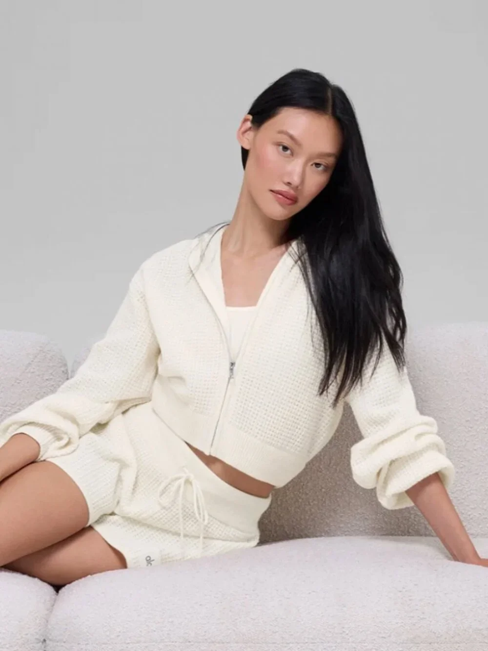 ALO Cashmere Plush Waffle Full Zip Hoodie, Ivory, size S